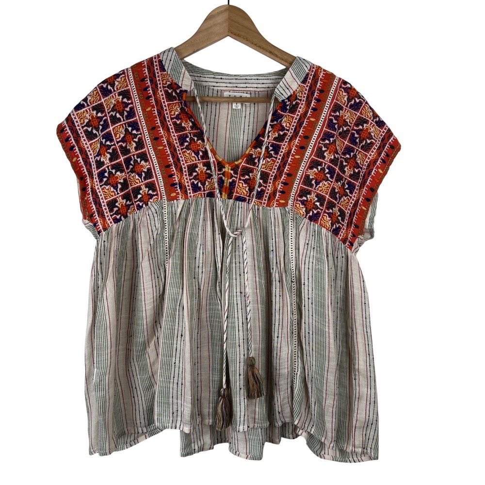 THML Womens Boho Embroidered Tassel Split Neck Striped Blouse Top Orange Small